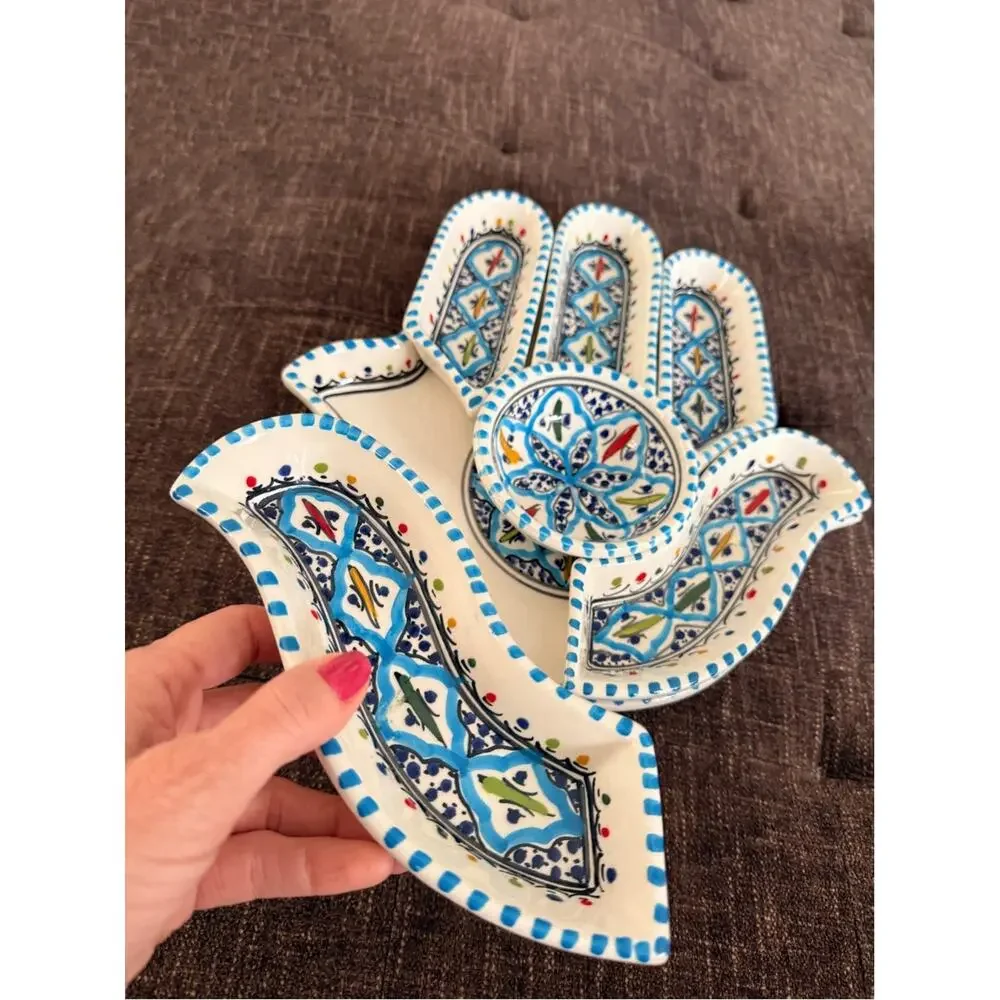 World Market 7 Piece Hand of Fatima, Ceramic Tray Platter Serving Set India